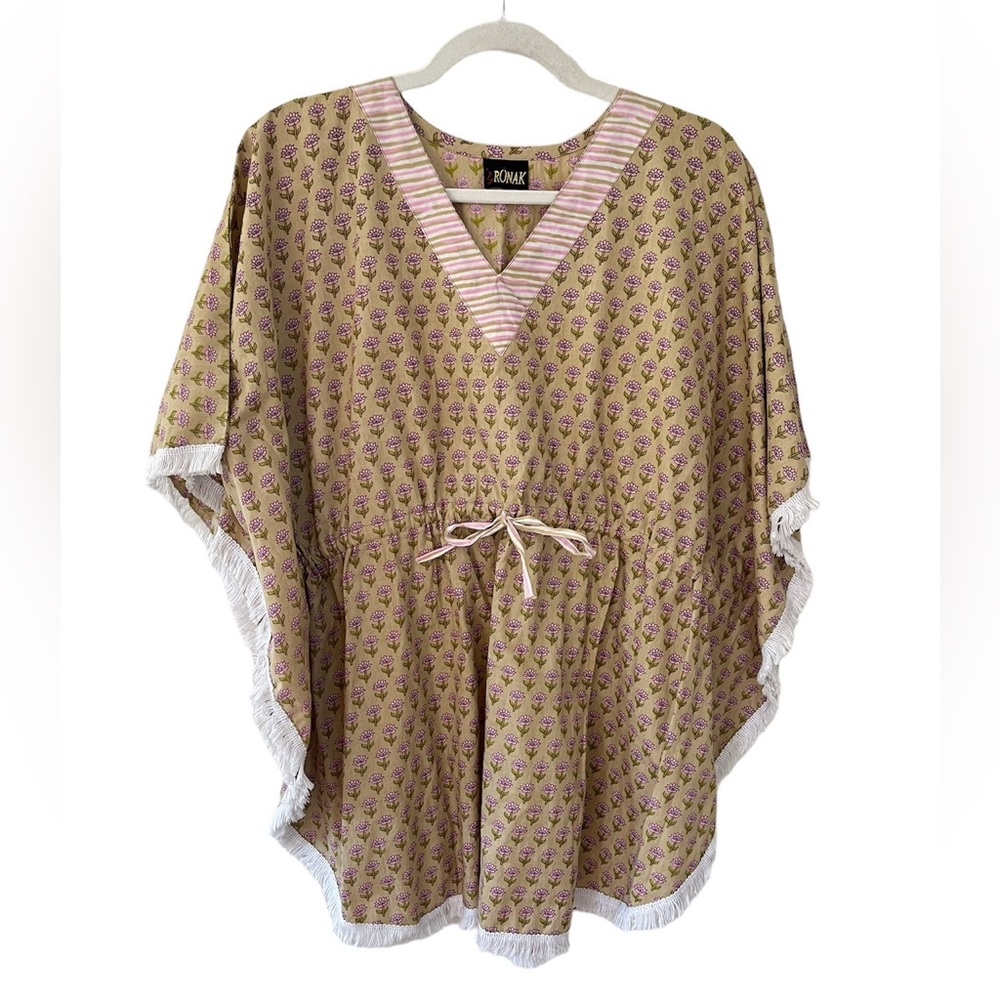 Ronak Block Print Floral Fringe Trim Short Kaftan Cover Up Tunic Beige One Size
